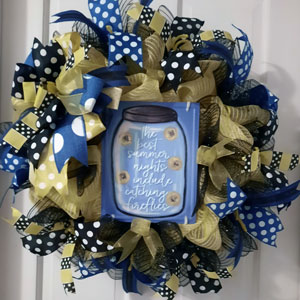 blue and yellow fireflies handmade wreath